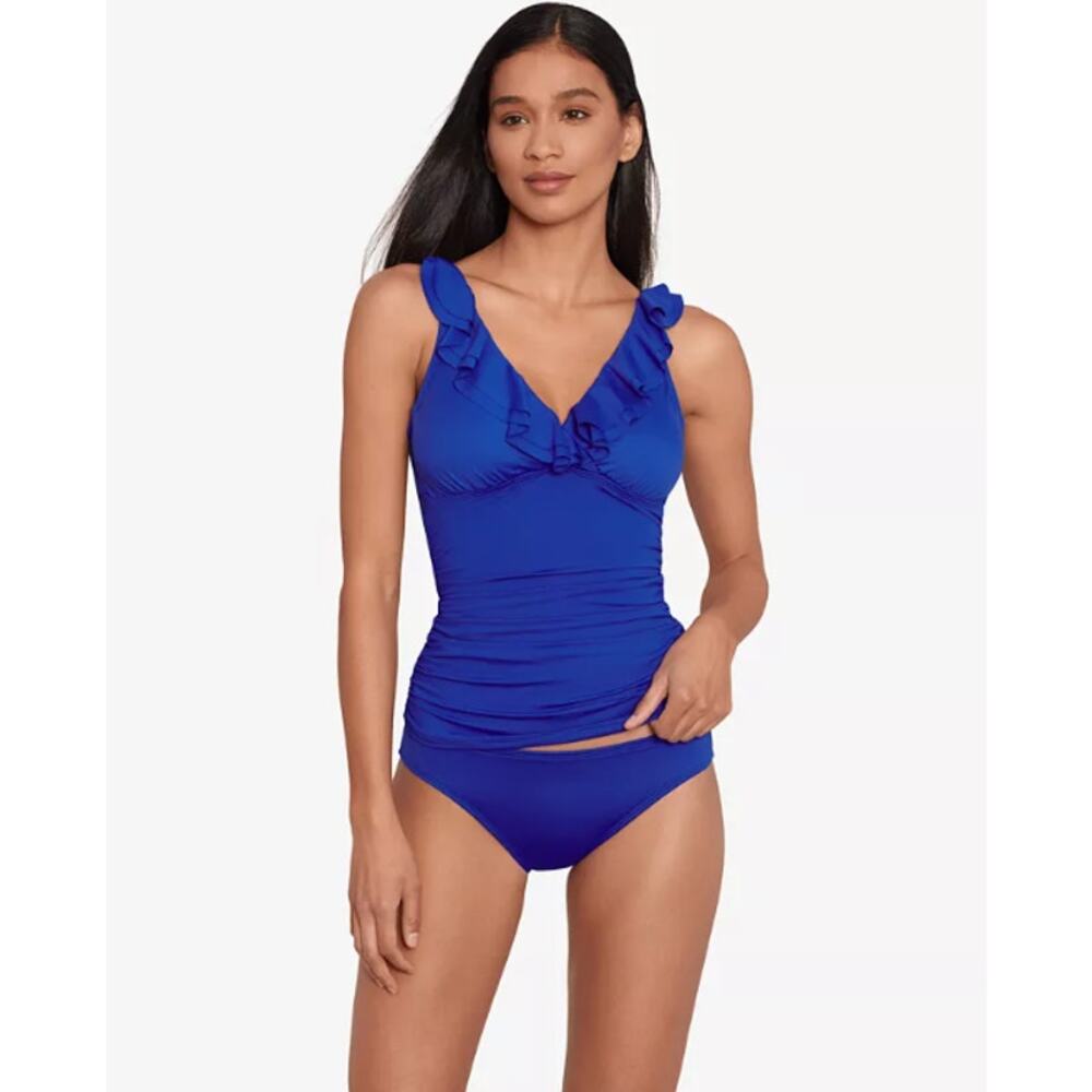 LAUREN RALPH LAUREN Beach Club Ruffle Tankini Top Size 10 Blue Underwire NWT